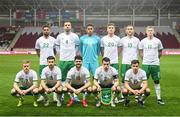 30 March 2021; The Republic of Ireland team, back row, from left, Cyrus Christie, Shane Duffy, Gavin Bazunu, Dara O'Shea, Jeff Hendrick and James McClean with, front row, from left, Daryl Horgan, Shane Long, Robbie Brady, Seamus Coleman and Jayson Molumby ahead of the international friendly match between Qatar and Republic of Ireland at Nagyerdei Stadion in Debrecen, Hungary. Photo by Stephen McCarthy/Sportsfile