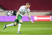 30 March 2021; James McClean of Republic of Ireland celebrates after scoring his side's first goal during the international friendly match between Qatar and Republic of Ireland at Nagyerdei Stadion in Debrecen, Hungary. Photo by Stephen McCarthy/Sportsfile