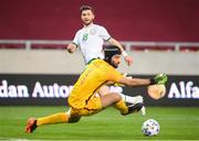 30 March 2021; Shane Long of Republic of Ireland has a shot on goal saved by Qatar goalkeeper Saad Alsheeb during the international friendly match between Qatar and Republic of Ireland at Nagyerdei Stadion in Debrecen, Hungary. Photo by Stephen McCarthy/Sportsfile