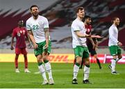 30 March 2021; Cyrus Christie, left, and Jayson Molumby of Republic of Ireland reacts after a missed opportunity on goal during the international friendly match between Qatar and Republic of Ireland at Nagyerdei Stadion in Debrecen, Hungary. Photo by Stephen McCarthy/Sportsfile
