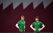 30 March 2021; Republic of Ireland goalkeepers Mark Travers, left, and Republic of Ireland goalkeeper Kieran O’Hara before the international friendly match between Qatar and Republic of Ireland at Nagyerdei Stadion in Debrecen, Hungary. Photo by Stephen McCarthy/Sportsfile