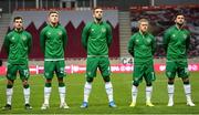 30 March 2021; Republic of Ireland players, from left, Jayson Molumby, Dara O'Shea, Shane Duffy, Daryl Horgan and Shane Long stand for the playing of the National Anthem before the international friendly match between Qatar and Republic of Ireland at Nagyerdei Stadion in Debrecen, Hungary. Photo by Stephen McCarthy/Sportsfile