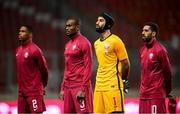 30 March 2021; Qatar players, from left, Pedro Miguel, Abdelkarim Hassan, Saad Alsheeb and Hassan Al Haydos stand for the playing of the National Anthem before the international friendly match between Qatar and Republic of Ireland at Nagyerdei Stadion in Debrecen, Hungary. Photo by Stephen McCarthy/Sportsfile