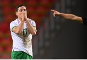 30 March 2021; Josh Cullen of Republic of Ireland reacts to a missed opportunity on goal during the international friendly match between Qatar and Republic of Ireland at Nagyerdei Stadion in Debrecen, Hungary. Photo by Stephen McCarthy/Sportsfile