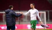 30 March 2021; Shane Duffy of Republic of Ireland and Ruaidhri Higgins, Republic of Ireland chief scout and opposition analyst, following the international friendly match between Qatar and Republic of Ireland at Nagyerdei Stadion in Debrecen, Hungary. Photo by Stephen McCarthy/Sportsfile