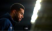 30 March 2021; Cyrus Christie of Republic of Ireland speaks to television broadcasters after the international friendly match between Qatar and Republic of Ireland at Nagyerdei Stadion in Debrecen, Hungary. Photo by Stephen McCarthy/Sportsfile
