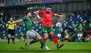 31 March 2021; Stuart Dallas of Northern Ireland has a shot blocked by Andrej Galabinov of Bulgaria during the FIFA World Cup 2022 qualifying group C match between Northern Ireland and Bulgaria at the National Football Stadium in Windsor Park, Belfast. Photo by David Fitzgerald/Sportsfile