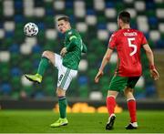 31 March 2021; Steven Davis of Northern Ireland in action against Petar Vitanov of Bulgaria during the FIFA World Cup 2022 qualifying group C match between Northern Ireland and Bulgaria at the National Football Stadium in Windsor Park, Belfast. Photo by David Fitzgerald/Sportsfile