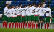 31 March 2021; Bulgaria players stand for their national anthem prior to the FIFA World Cup 2022 qualifying group C match between Northern Ireland and Bulgaria at the National Football Stadium in Windsor Park, Belfast.  Photo by David Fitzgerald/Sportsfile