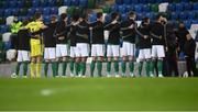 31 March 2021; The Northern Ireland team stand for their national anthem prior to the FIFA World Cup 2022 qualifying group C match between Northern Ireland and Bulgaria at the National Football Stadium in Windsor Park, Belfast.  Photo by David Fitzgerald/Sportsfile