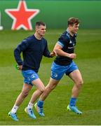 1 April 2021; Jonathan Sexton, left, and Josh van der Flier during the Leinster Rugby captains run at the RDS Arena in Dublin. Photo by Ramsey Cardy/Sportsfile