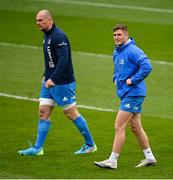 1 April 2021; Rhys Ruddock, left, and Jordan Larmour during the Leinster Rugby captains run at the RDS Arena in Dublin. Photo by Ramsey Cardy/Sportsfile