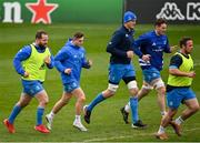 1 April 2021; Leinster players, from left, Michael Bent, Jordan Larmour, Devin Toner, Ryan Baird and Ed Byrne during the Leinster Rugby captains run at the RDS Arena in Dublin. Photo by Ramsey Cardy/Sportsfile