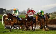 1 April 2021; Rock On Barney, with Jack Gilligan up, left, lead ahead of Macs Legend, with Barry Foley up, and Marshalled, with Simon Torrens up, on their way to winning the Adare Manor Opportunity Handicap Steeplechase at Clonmel Racecourse in Tipperary. Photo by Harry Murphy/Sportsfile