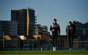 2 April 2021; Ole Erik Midtskogen, left, and Raivis Jurkovskis of Dundalk walk the pitch before the SSE Airtricity League Premier Division match between Shamrock Rovers and Dundalk at Tallaght Stadium in Dublin. Photo by Seb Daly/Sportsfile