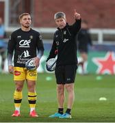 2 April 2021; La Rochelle head coach Ronan O'Gara, right, with outhalf Ihaia West before the Heineken Champions Cup Round of 16 match between Gloucester and La Rochelle at Kingsholm Stadium in Gloucester, England. Photo by Matt Impey/Sportsfile