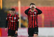 2 April 2021; Aaron Dobbs of Longford Town, right, reacts following his side's defeat in the SSE Airtricity League Premier Division match between Longford Town and Sligo Rovers at Bishopsgate in Longford. Photo by Harry Murphy/Sportsfile