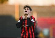 2 April 2021; Aaron Dobbs of Longford Town reacts following his side's defeat in the SSE Airtricity League Premier Division match between Longford Town and Sligo Rovers at Bishopsgate in Longford. Photo by Harry Murphy/Sportsfile