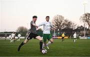 2 April 2021; Cian Murphy of Cork City in action against Kevin Knight of Cabinteely during the SSE Airtricity League First Division match between Cabinteely and Cork City at Stradbrook Park in Blackrock, Dublin. Photo by David Fitzgerald/Sportsfile