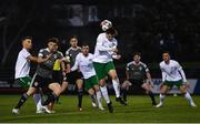 2 April 2021; Zak O'Neill of Cabinteely heads the ball away from a corner during the SSE Airtricity League First Division match between Cabinteely and Cork City at Stradbrook Park in Blackrock, Dublin. Photo by David Fitzgerald/Sportsfile