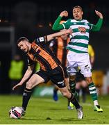 2 April 2021; Michael Duffy of Dundalk in action against Graham Burke of Shamrock Rovers during the SSE Airtricity League Premier Division match between Shamrock Rovers and Dundalk at Tallaght Stadium in Dublin. Photo by Eóin Noonan/Sportsfile