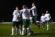 2 April 2021; Keith Dalton of Cabinteely, second from left, is congratulated by team-mates after scoring his side's first goal during the SSE Airtricity League First Division match between Cabinteely and Cork City at Stradbrook Park in Blackrock, Dublin. Photo by David Fitzgerald/Sportsfile