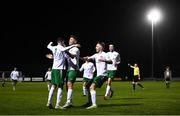 2 April 2021; Keith Dalton of Cabinteely, second from left, is congratulated by team-mates after scoring his side's first goal during the SSE Airtricity League First Division match between Cabinteely and Cork City at Stradbrook Park in Blackrock, Dublin. Photo by David Fitzgerald/Sportsfile