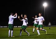2 April 2021; Keith Dalton of Cabinteely, left, is congratulated by team-mates after scoring his side's first goal during the SSE Airtricity League First Division match between Cabinteely and Cork City at Stradbrook Park in Blackrock, Dublin. Photo by David Fitzgerald/Sportsfile