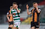 2 April 2021; Dylan Watts of Shamrock Rovers celebrates after scoring his side's second goal, as Andy Boyle of Dundalk reacts, during the SSE Airtricity League Premier Division match between Shamrock Rovers and Dundalk at Tallaght Stadium in Dublin. Photo by Seb Daly/Sportsfile