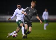 2 April 2021; Alec Byrne of Cork City in action against Keith Dalton of Cabinteely during the SSE Airtricity League First Division match between Cabinteely and Cork City at Stradbrook Park in Blackrock, Dublin. Photo by David Fitzgerald/Sportsfile