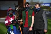 3 April 2021; Jockey Elizabeth Lalor with winning horse Ificudiwud and trainer Noel Meade following the McCauley Pharmacy Ladies National handicap steeplechase on day one of the Fairyhouse Easter Festival at the Fairyhouse Racecourse in Ratoath, Meath. Photo by David Fitzgerald/Sportsfile