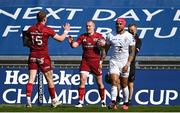 3 April 2021; Keith Earls of Munster, centre, celebrates with team-mate Mike Haley, left, after scoring his side's second try during the Heineken Champions Cup Round of 16 match between Munster and Toulouse at Thomond Park in Limerick. Photo by Ramsey Cardy/Sportsfile