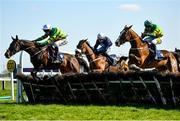 3 April 2021; Hearts Are Trumps, with Jody McGarvey up, right, clear the last alongside Magic Tricks, with Mark Walsh up, left, on their way to winning the RYBO Handicap hurdle on day one of the Fairyhouse Easter Festival at the Fairyhouse Racecourse in Ratoath, Meath. Photo by David Fitzgerald/Sportsfile