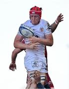 3 April 2021; Thibaud Flament of Toulouse wins possession in a line-out ahead of Fineen Wycherley of Munster during the Heineken Champions Cup Round of 16 match between Munster and Toulouse at Thomond Park in Limerick. Photo by Brendan Moran/Sportsfile