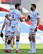 3 April 2021; Brothers Rory Arnold, left, and Richie Arnold, both of Toulouse, celebrate after their side's victory in the Heineken Champions Cup Round of 16 match between Munster and Toulouse at Thomond Park in Limerick. Photo by Brendan Moran/Sportsfile