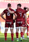 3 April 2021; Gavin Coombes of Munster, left, is consoled, by team-mate Jack O'Donoghue following their side's defeat in the Heineken Champions Cup Round of 16 match between Munster and Toulouse at Thomond Park in Limerick. Photo by Brendan Moran/Sportsfile