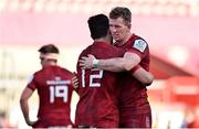 3 April 2021; Munster players Chris Farrell, right, and Damian de Allende, dejected after their side's defeat in the Heineken Champions Cup Round of 16 match between Munster and Toulouse at Thomond Park in Limerick. Photo by Brendan Moran/Sportsfile