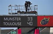 3 April 2021; A general view of the scoreboard after the Heineken Champions Cup Round of 16 match between Munster and Toulouse at Thomond Park in Limerick. Photo by Ramsey Cardy/Sportsfile