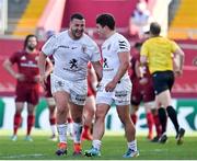 3 April 2021; Antoine Dupont of Toulouse, right, and Dorian Aldegheri of Toulouse celebrate their sides fourth try during the Heineken Champions Cup Round of 16 match between Munster and Toulouse at Thomond Park in Limerick. Photo by Brendan Moran/Sportsfile