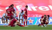 3 April 2021; Munster players, including Gavin Coombes, JJ Hanrahan and Mike Haley, dejected after their side's defeat in the Heineken Champions Cup Round of 16 match between Munster and Toulouse at Thomond Park in Limerick. Photo by Ramsey Cardy/Sportsfile