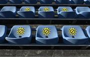 3 April 2021; COVID-19 notices on seats in the stand before the SSE Airtricity Women's National League match between DLR Waves and Wexford Youths at UCD Bowl in Belfield, Dublin. Photo by Piaras Ó Mídheach/Sportsfile