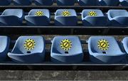 3 April 2021; COVID-19 notices on seats in the stand before the SSE Airtricity Women's National League match between DLR Waves and Wexford Youths at UCD Bowl in Belfield, Dublin. Photo by Piaras Ó Mídheach/Sportsfile