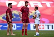 3 April 2021; Munster players Damian de Allende, left, and Jean Kleyn, centre, in conversation with Cheslin Kolbe of Toulouse after the Heineken Champions Cup Round of 16 match between Munster and Toulouse at Thomond Park in Limerick. Photo by Ramsey Cardy/Sportsfile