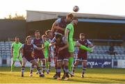 3 April 2021; Hugh Douglas of Drogheda United clears from Kosovar Sadiki of Finn Harps during the SSE Airtricity League Premier Division match between Drogheda United and Finn Harps at Head in the Game Park in Drogheda, Louth. Photo by Ben McShane/Sportsfile