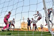 3 April 2021; Ronan Coughlan of St Patrick's Athletic, second from right, heads to score his side's first goal during the SSE Airtricity League Premier Division match between Bohemians and St Patrick's Athletic at Dalymount Park in Dublin. Photo by Seb Daly/Sportsfile