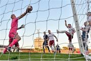 3 April 2021; Bohemians goalkeeper James Talbot fails to keep out a header from St Patrick's Athletic's Ronan Coughlan during the SSE Airtricity League Premier Division match between Bohemians and St Patrick's Athletic at Dalymount Park in Dublin. Photo by Seb Daly/Sportsfile