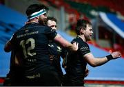 3 April 2021; Kieran Marmion of Connacht celebrates with teammates after scoring his side's first try during the European Rugby Challenge Cup Round of 16 match between Leicester Tigers and Connacht at Welford Road in Leicester, England. Photo by Matt Impey/Sportsfile