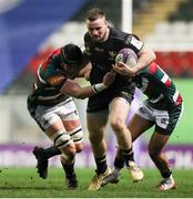 3 April 2021; Sean O’Brien of Connacht is tackled by Cameron Henderson, left, and Zack Henry of Leicester Tigers during the European Rugby Challenge Cup Round of 16 match between Leicester Tigers and Connacht at Welford Road in Leicester, England. Photo by Matt Impey/Sportsfile