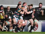 3 April 2021; Jasper Wiese of Leicester Tigers is tackled by Jack Carty of Connacht during the European Rugby Challenge Cup Round of 16 match between Leicester Tigers and Connacht at Welford Road in Leicester, England. Photo by Matt Impey/Sportsfile