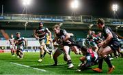 3 April 2021; Kieran Marmion of Connacht, supported by teammate Matt Healy, beats the tackle of Ben Youngs of Leicester Tigers on the way to scoring his side's first try during the European Rugby Challenge Cup Round of 16 match between Leicester Tigers and Connacht at Welford Road in Leicester, England. Photo by Matt Impey/Sportsfile